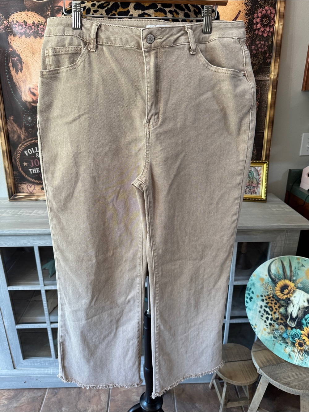 ZENANA High RIse Super Stretch WIde Leg Jeans in Taupe - Women's XL